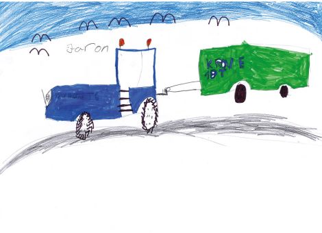 Hier fährt ein schöner blauer New-Holland-Traktor. Angehängt ist ein Ladewagen von Krone. Jaron (11 Jahre) aus Baunatal hat dieses wunderbare Bild für die Kinderseite gemalt.