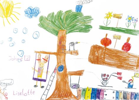 Hier wachsen Blumen und Kürbisse und in der Mitte steht ein riesiger Baum, ein idealer Ort zum Klettern und Schaukeln. Liselotte (8 Jahre) aus Oberzent-Airlenbach hat diesen wundervollen Garten gemalt.