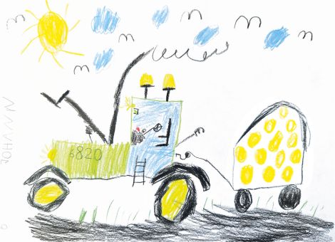 Der Traktor steht bereit, um die Rundballen abzutransportieren. Johann (6 Jahre) aus Mörlenbach hat dieses tolle Bild für die Kinderseite gemalt.