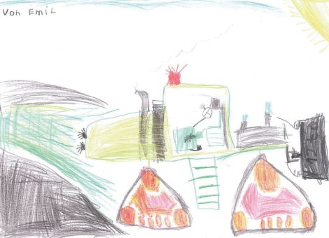 Auf diesem tollen Bild von Emil (7 Jahre) aus Poppenhausen fährt eine Claas-Kettenraupe mit einem angehängten Gewicht gerade zum Walzen auf das Grassilo. Das ist ein wichtiger Schritt, um aus Gras Grassilage zu machen.