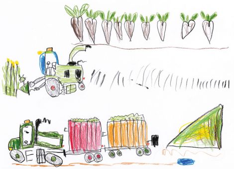 Dieses tolle Kunstwerk rund um die Ernte hat Noah (5 Jahre) aus Alsfeld-Lingelbach gemalt. Oben im Bild seht ihr Zuckerrüben, in der Mitte ist die Maisernte mit Feldhäcksler im vollen Gange und unten könnt ihr einen Unimog mit zwei Abschiebewagen und ein Silo bestaunen. 